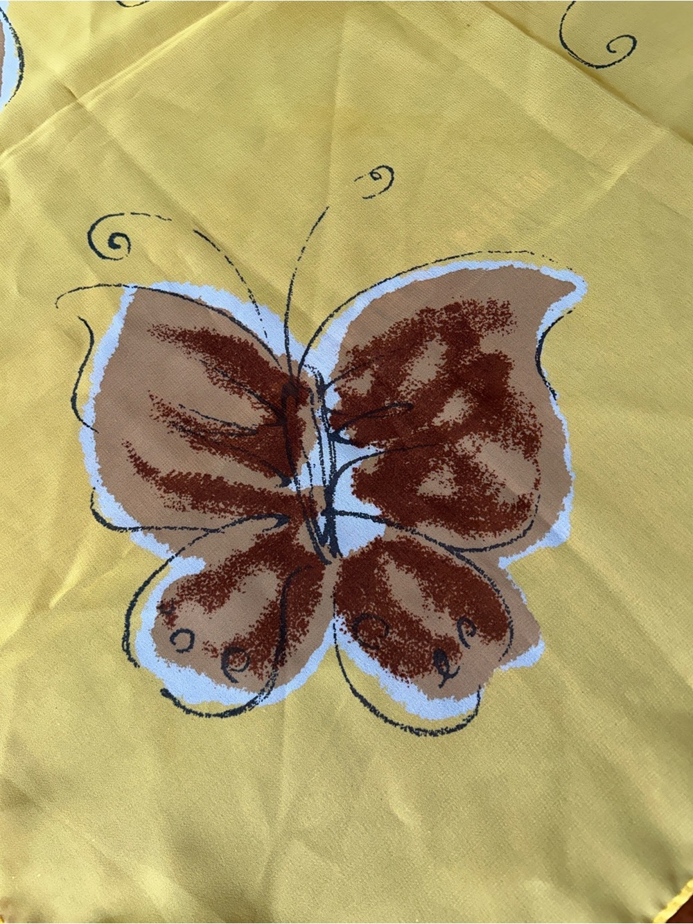 Yellow Scarf with Brown Butterfly Print Japanese vintage 25“ x 25“